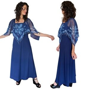 Vintage 1970s Blue Sheer Overlay Butterfly Sleeve Maxi Dress with Zipper